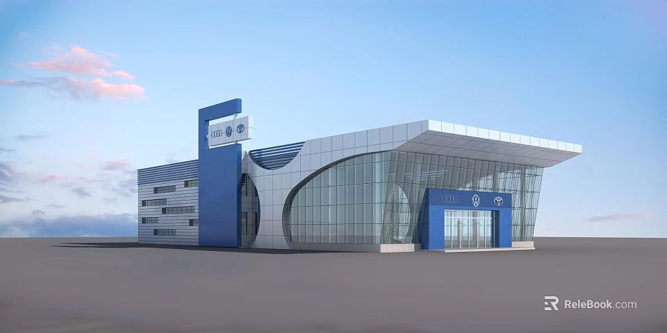 Modern Commercial Building With Glass Curtain Walls Blue White Exterior And Tall Sign Tower 3d model 