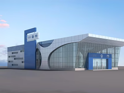 Modern Commercial Building With Glass Curtain Walls Blue White Exterior And Tall Sign Tower 3d model