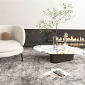 Oval Marble Top Coffee Table With Green Plant Vase And Magazine On Gray Rug