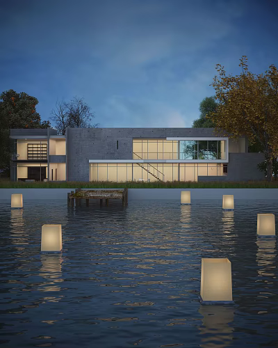 Modern Detached Villa With Large Glass Windows Waterfront Trees And Floating Lanterns 3d model
