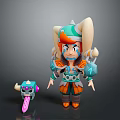 Cartoon Style Character With Orange Hair Blue And Orange Outfit And Small Horned Creature