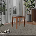 Wooden Stool With Beige Cushion On Rug In Room With White Curtains And Potted Plant