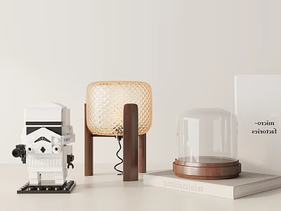 Stylish Decorative Ornament Set With Lego Figurine Woven Lampshade Glass Cloche And Wooden Accents 3d model