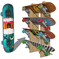 Colorful Sports Equipment Featuring Cartoon Pattern Skateboards On Wooden Rack With Colored Wheels