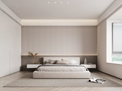 Modern Bedroom Interior Design With Stripe Accent Wall Light Colored Bed Blinds And Striped Rug 3d model
