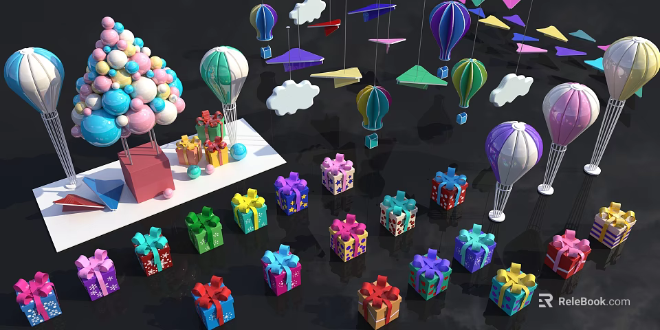 Colorful Gift Boxes And Hot Air Balloons With Cloud Decorations For Festive Setup 3d model 