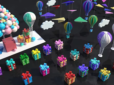 Colorful Gift Boxes And Hot Air Balloons With Cloud Decorations For Festive Setup 3d model