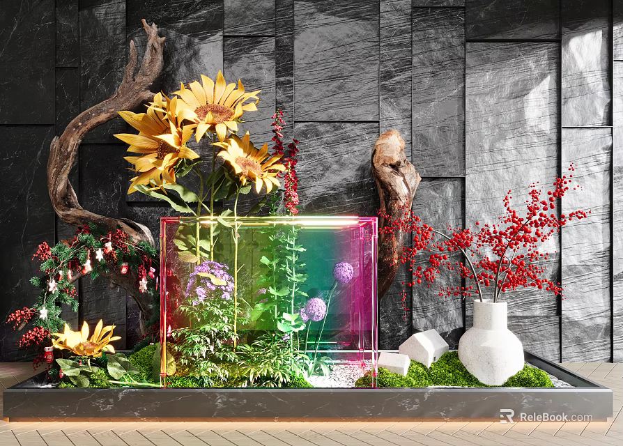Garden Decor Featuring Sunflowers Red Flowers Transparent Cube Green Plants Moss And White Vase 3d model 