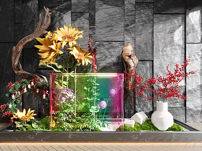 Garden Decor Featuring Sunflowers Red Flowers Transparent Cube Green Plants Moss And White Vase 3d model