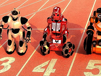 Tech Exhibition Hall Robot Display With Race Track And Numbers 3 4 5 3d model