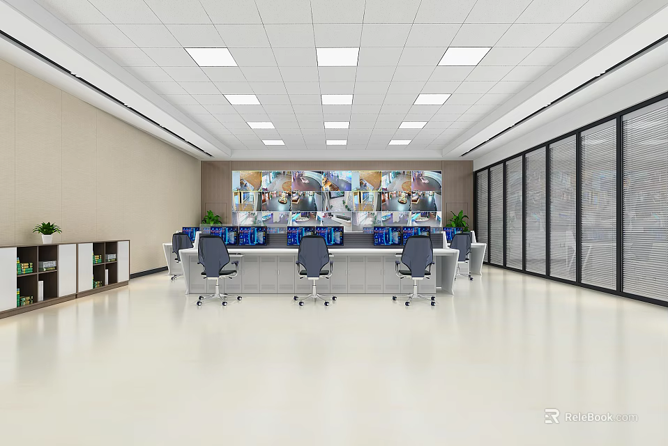 Professional Monitoring Room With Large Display Wall Control Desks And Ergonomic Chairs 3d model 