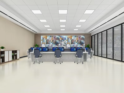Professional Monitoring Room With Large Display Wall Control Desks And Ergonomic Chairs 3d model