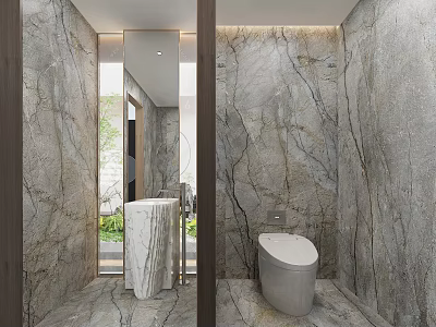 Luxury Elegant Modern Bathroom Interior With Natural Marble Finishes Smart Toilet And Freestanding Sink 3d model