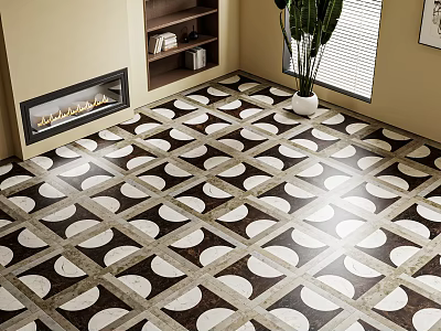 Geometric Floor Tiles In Modern Living Room With Fireplace And Plant 3d model