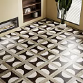 Geometric Floor Tiles In Modern Living Room With Fireplace And Plant
