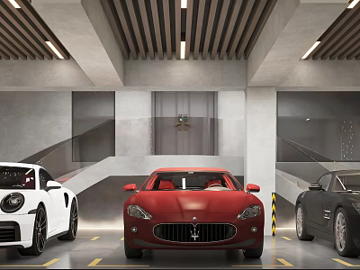 Modern Indoor Parking Garage With White Red Black Luxury Cars And Contemporary Ceiling Lights 3d model