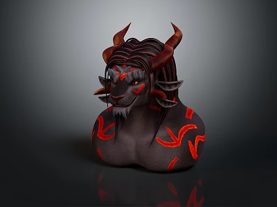 Detailed 3D Demon Character With Red Horns Pointed Ears And Red Tattoos 3d model