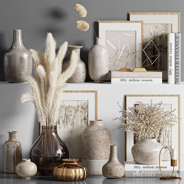 Stylish Decorative Ornament Set With Vases Dried Flowers Frames Books And Geometric Decor 3d model 