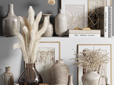 Stylish Decorative Ornament Set With Vases Dried Flowers Frames Books And Geometric Decor 3d model