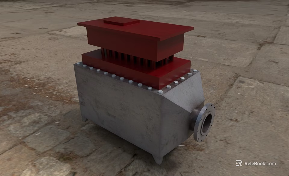 Industrial Metal Fireplace With Gray Body Red Top Bolts And Circular Outlet 3d model 