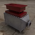 Industrial Metal Fireplace With Gray Body Red Top Bolts And Circular Outlet