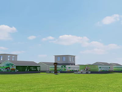 Multiple Two Story Buildings With Murals On Green Grass Under Blue Sky And White Clouds 3d model