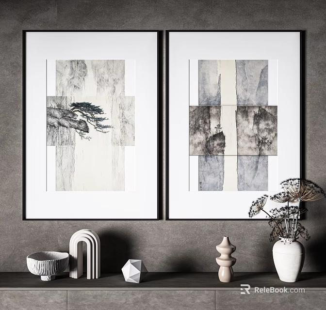 Ink Wash Style Decorative Paintings Hanging On Gray Wall With Modern Decorations 3d model 