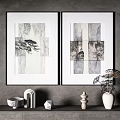Ink Wash Style Decorative Paintings Hanging On Gray Wall With Modern Decorations