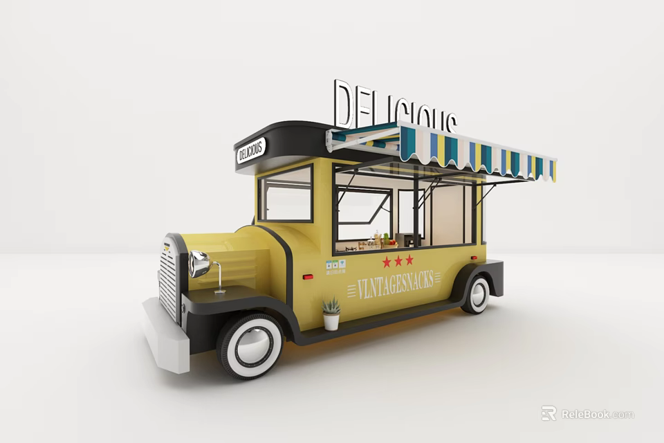 Yellow Vintage Food Truck with Colorful Awning Serving Delicious Tasty Meals 3d model 