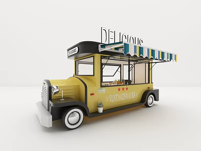 Yellow Vintage Food Truck with Colorful Awning Serving Delicious Tasty Meals 3d model