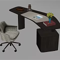Modern Desk and Chair Set with Curved Two Tone Tabletop Wheeled Chair and Decorative Items