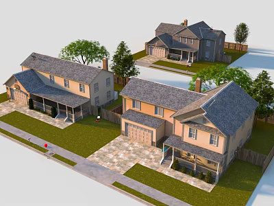 Single Family Residential Houses With Sloped Roofs Green Lawns And Trees 3d model