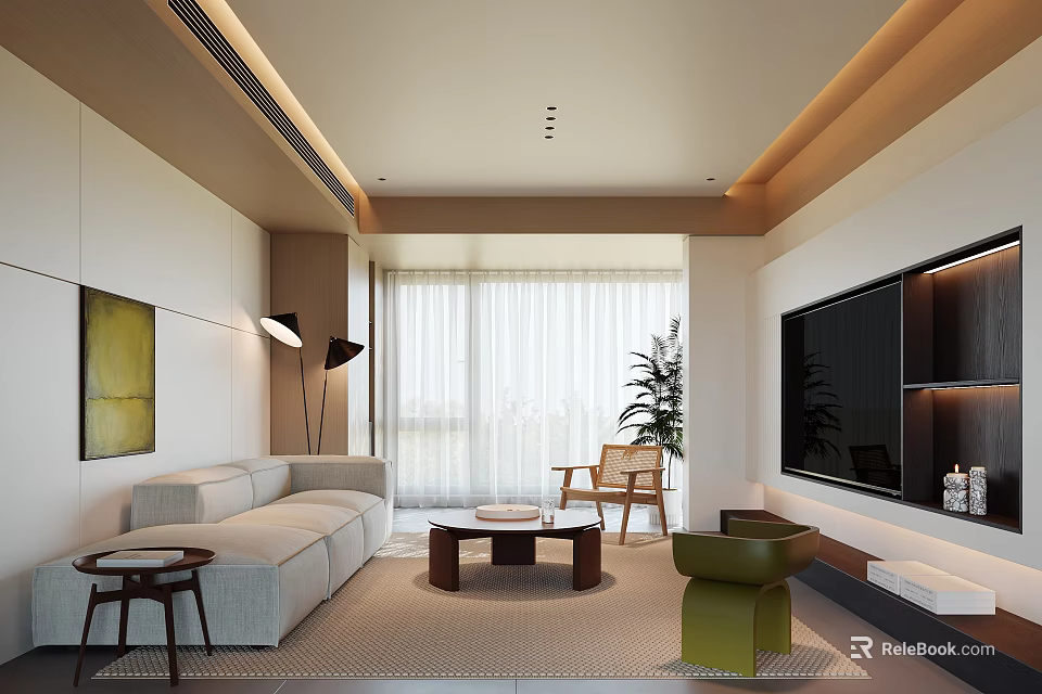 Modern Living Room Interior With Beige Sofa Wooden Coffee Table TV Wall And Potted Plant 3d model 
