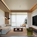 Modern Living Room Interior With Beige Sofa Wooden Coffee Table TV Wall And Potted Plant