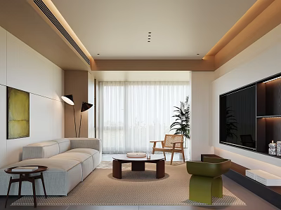 Modern Living Room Interior With Beige Sofa Wooden Coffee Table TV Wall And Potted Plant 3d model
