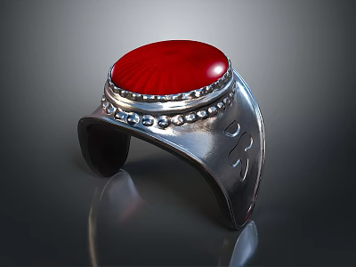 Silver Ring with Red Oval Gemstone Decorative Stones and Intricate Band Patterns 3d model