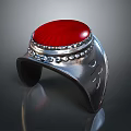 Silver Ring with Red Oval Gemstone Decorative Stones and Intricate Band Patterns 3d model