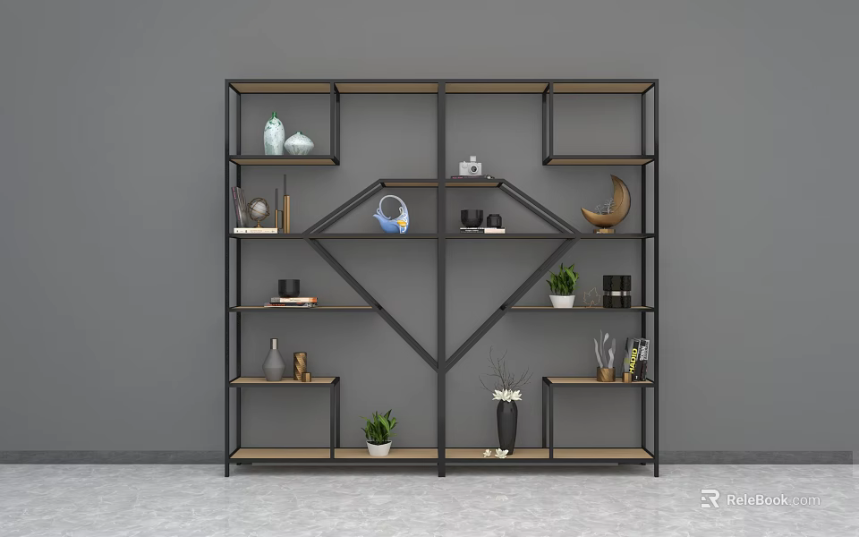 Modern Display Shelf With Black Metal Frame Wooden Shelves And Decorative Items Plants Vases Books 3d model 