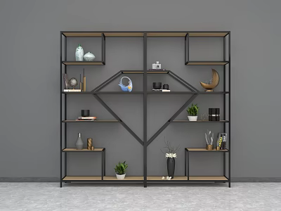 Modern Display Shelf With Black Metal Frame Wooden Shelves And Decorative Items Plants Vases Books 3d model
