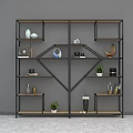Modern Display Shelf With Black Metal Frame Wooden Shelves And Decorative Items Plants Vases Books