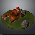 Wooden Tree Stump With Red Mushrooms And Stone Rocks On Green Grass