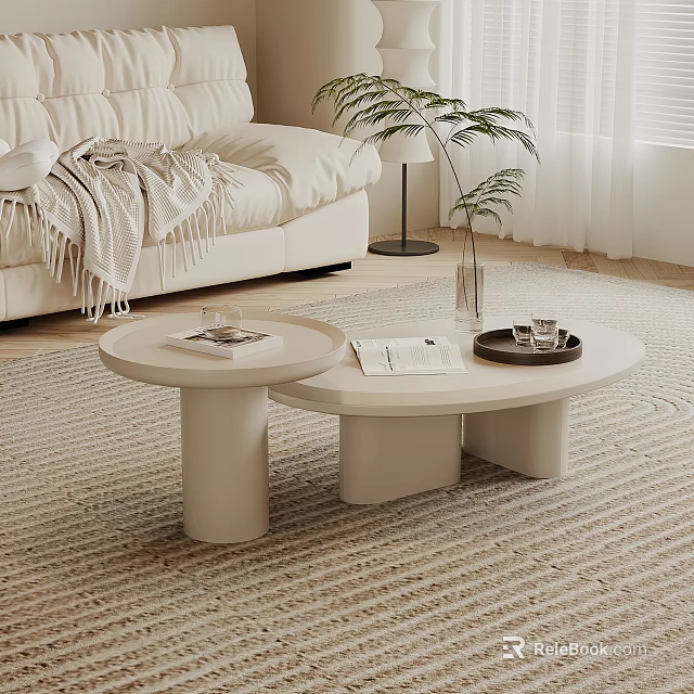 Modern Coffee Table Design in Living Room With Light Colored Surface Magazines Tray and Plants 3d model 