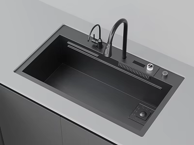 Sleek Modern Black Kitchen Sink With Faucet Drain And Control Features Design 3d model