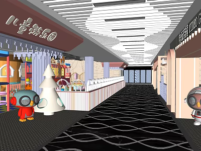 Shopping Mall Hall Featuring Children's Play Area Cartoon Characters Wavy Floor And White Striped Ceiling 3d model