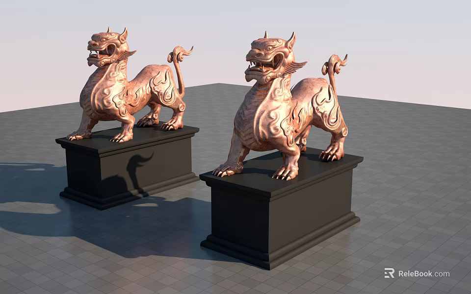 Traditional Chinese Pixiu Bronze Sculptures With Intricate Carving On Black Pedestals 3d model 