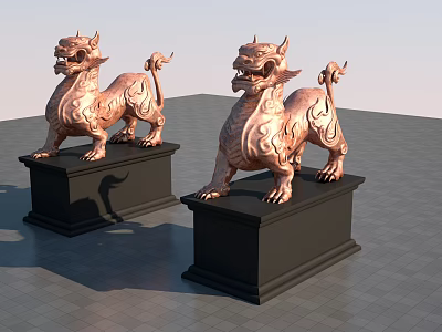 Traditional Chinese Pixiu Bronze Sculptures With Intricate Carving On Black Pedestals 3d model