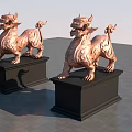 Traditional Chinese Pixiu Bronze Sculptures With Intricate Carving On Black Pedestals