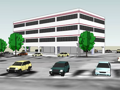Modern Office Building With Multiple Floors White Exterior Red Accents Parking Lot And Trees 3d model
