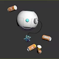 Cartoon Scene With Playful Robot In Purple White Device And Floating Orange Drink Cans