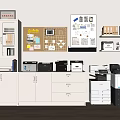 White Glass Door Bookcase With Trophies File Cabinets Printers And Corkboard Bulletin Board